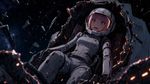 
masterpiece, very aesthetic, score_9, score_8_up, score_7_up, 1girl, honoka hou, pink hair, hime cut, brown eyes, knights of sidonia, pilot skin suit, full body suit, space helmet, glowing visor, text "705" on helmet, terrified expression, looking up, torn mecha cockpit, exposed to space, jagged metal edges, floating debris, sparks, starry background, deep space, dramatic lighting, high contrast, cinematic angle, dynamic composition.

A breathtaking and highly detailed anime-style illustration of Honoka Hou from Knights of Sidonia. She is sitting inside the heavily damaged cockpit of her Type-18 Garde, the entire front armored section violently torn away, exposing her directly to the vacuum of deep space. She is wearing her white pilot skin suit and helmet, with the number "705" clearly printed on the top of the helmet. Her expression conveys absolute, primal terror as she looks upward at a massive, unseen threat. Jagged, glowing-hot metal edges frame the foreground, with loose wires sparking and debris floating in zero gravity. The background is a vast, cold expanse of stars and deep space. The lighting is cinematic, contrasting the harsh cold light of space with the warm, sparking interior of the ruined cockpit.
The Type-18 Garde that Honoka Ho is in has a tail number of 705.
