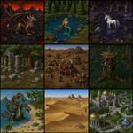 Make a grid of 3x3 (9 in total) images, all made in the exact technique of "Warcraft II: Tides of Darkness" (1995) in-game graphics (sprites, icons, other assets) replicated very precisely (the disntictive style of Warcraft II as opposite to the generic pixel art! exaggerate the art direction and avoid anything default/generic-looking), so it looks like literally something from the game screenshots or from an icon from in-game UI. The images are featuring: a demonic griffin in volcanic landscape, a mermaid in a pond at a pine forest, an unicorn at a cursed pond, ruins of a temple in oak grove, an orkish camp in vasteland, a goblin tower in the middle of a swamp, a hydra at a sand coast with palm trees, a desert with dunes and distant pyramids, a marble palace surrounded by gardens with a gazebo and fountains.