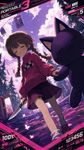 a vibrant lively artwork in style of "DJ Max Portable 3" for PSP. close-up view, dutch angle, perspective foreshortening, it features Madotsuki from "Yume Nikki", with her eyes closed, with a sleepy and serene look, walking through realm of a dream with distant pines and clouds, together iwth a large plush cat, holding him by paw an talking to him, while holding a knife in her other hand lowered