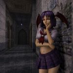 an image in the exact technique and art direction (non-pixelated, high-definition smoothly-done pixelwork with a perfect smooth upscaler applied, NOT pixelized) of in-game graphics assets (like in its sprites and textures) from the 1997 game "Castlevania: Symphony of the Night" (PS1) by Konami. close-up first-person view (NOT side view, not side-scroller) of a succubus schoolgirl in empty hall, leaning to a wall with a bored look