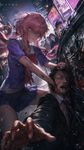 a vibrant lively artwork in style of Cytus by Rayark. close-up view, dutch angle, perspective foreshortening, it features Gasai Yuno (from "Mirai Nikki") at downtown, fighting and putting down a man in a bespoke dark suit, defeating him brutally and smashing into the black sleek sedan next to him, while a crowd of bystanders are filming them and reacting with shock and admiration