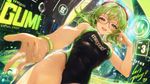 a vibrant lively artwork in style of Cytus by Rayark. close-up view, dutch angle, perspective foreshortening, it features megpoid Gumi wearing one-piece swimsuit and glasses, she is happy, serene, cheerful, friendly, amused, while posing for the viewer. (The anatomy shapes are exaggerated as in manga)