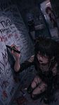 a vibrant lively artwork in style of Cytus by Rayark. close-up view, dutch angle, perspective foreshortening, it features Asuka Langley Souryuu who is a goth with black hair and black lipstick, she is sobbing, kneeling in an empty bathroom, and writing a lot of variuous swearings and curses in 'русский мат' on the walls around, using the most vulgar obscenities possible, while Rei Ayanami is looking at her from distance with indifference, and Makinami Mari Illustrous is peeking from the doorway with an amused expression