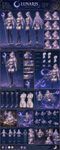 Create a professional (Pixiv/Behance/Naver) character sheet based on the character of this image (keep it very accurate and authentical, without altering anything in the initial design!). Include front, side, and back full-body views, plus a 3/4 view. Add a facial close-up with a range of expressions. Show a neutral standing pose and one dynamic pose that reflects the character’s personality.
Include outfit and accessory breakdowns, optionally showing layers or variations where appropriate. Add callouts for key elements. Also provide four options of alternative/optional original and highly-distinctive designs for the stockings/thighhighs/thigh-high legwear; and two options of leotards to replace the main attire (based on the default clothes design but reshaped into a leotard with high cut).
Include a small vignette illustrating the character in their everyday environment or routine, and an additional small scene capturing them in action. Also include a 2D sprite (in-game graphics asset, HD/*non-pixelated*) of this character from a "fighting" genre videogame where they are featured, and a render of a 3D model (low-poly, from a mobile game, but accurate) reproducing the same design accurately in 3D graphics. Also include a photography of a PVC figure (official merch) of this character.
Use a background that subtly reflects the character’s theme or environment (non-flat, non-modern but highly-sceuomorphic, 2000s-style with gel&lacquer designs, with resemblance of UIs in VN/Eroge games). Maintain consistent proportions across all views. Layout should be clean, organized, and readable, like a professional concept art sheet. Use the canvas space efficiently, with minimal gaps (to fill it to maximum extent, without wasting the space); overlaps are acceptable to save screen space. Do not allow wide gaps of empty space.
The drawing artistic technique (art direction) is matching the one in the reference provided; make it look very professionally-done, produced by a high-end senior artist of exceptional academical (fine arts) artistic skill (even if adapted to this specific stylization) with excellent and flawless portfolio-grade work.

