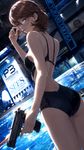 a vibrant lively artwork in style of Cytus by Rayark. close-up view, dutch angle, perspective foreshortening, it features Yukari Takeba from "Persona 3" who is standing at indoors pool, turning back, wearing a swimsuit, wearing glasses and adjusting her glasses, with a faint and knowing smile, while holds a pistol in her other hand and holds a cigarette in mouth; very vivid lighting and very harsh lighting with high contrast