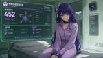 Raiden Shogun in a pastel purple prisoner's uniform, sci-fi, interior is in soft green tones, modern HUD interface in the style of the сhinese social credit