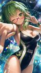 a vibrant lively artwork in style of Cytus by Rayark. close-up view, dutch angle, perspective foreshortening, it features megpoid Gumi wearing one-piece swimsuit and glasses, she is happy, serene, cheerful, friendly, amused, while posing for the viewer. (The anatomy shapes are exaggerated as in manga)