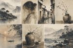 A collage of multiple artworks in the exact artstyle (artistic vision) of the references ([image 1] and [image 2])..