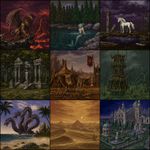 Make a grid of 3x3 (9 in total) images, all made in the exact technique of "Castlevania: Symphony of the Night" (for PS1, by Konami) in-game graphics (sprites, icons, other assets) replicated very precisely (the disntictive style of Castlevania graphics as opposite to the generic images! exaggerate the art direction and avoid anything default/generic-looking), so it looks like literally something from the game screenshots or from an icon from in-game UI, without any deviation from how it looks in the game. The images are featuring: a demonic griffin in volcanic landscape, a mermaid in a pond at a pine forest, an unicorn at a cursed pond, ruins of a temple in oak grove, an orkish camp in vasteland, a goblin tower in the middle of a swamp, a hydra at a sand coast with palm trees, a desert with dunes and distant pyramids, a marble palace surrounded by gardens with a gazebo and fountains.
