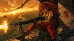 
masterpiece, very aesthetic, 1girl, souryuu asuka langley, neon genesis evangelion, red hair, long hair, hair blowing in wind, blue eyes, fiery expression, teeth clenched, sweat, interface headset, hair clips, pilot suit partially unzipped, olive drab tank top underneath, dog tags, combat boots, sitting, legs apart, holding weapon, m60 machine gun, muzzle flash, spent shell casings, ammunition belt, bullet belt, tracer rounds, helicopter interior, uh-1 huey, open door gunner position, vibrating metal floor, flight helmet nearby, military aesthetic, jungle below, sunset sky, golden hour lighting, warm orange light, lens flare, motion blur on rotor shadow, wind effects, dramatic angle, dutch angle, from side, dynamic composition, vietnam war aesthetic, apocalypse now reference, cinematic lighting, volumetric light rays, smoke, gunpowder haze, atmospheric perspective, depth of field, action scene, intense, adrenaline, war is hell, anime screencap, 90s anime style, gainax style, high contrast, film grain.
A cinematic anime illustration in classic 90s Gainax style depicting Souryuu Asuka Langley as a door gunner aboard a UH-1 Huey helicopter flying over dense Vietnamese jungle at golden hour. She sits in the open side compartment gripping an M60 machine gun mid-burst — vivid muzzle flash erupting from the barrel, a glittering cascade of brass shell casings tumbling into the air, and a long ammunition belt snaking from a green ammo can at her feet. Her long red hair whips violently in the rotor wash, partially obscuring one fierce blue eye. She wears her signature A10 nerve clip headset and red hair clips, but her plugsuit is replaced by an olive drab military tank top with dog tags swinging from her neck, the suit tied at the waist. Her expression is wild, teeth bared in a furious battle cry, sweat streaking her face. Warm orange sunset light floods through the open door, casting dramatic volumetric rays through the haze of gunpowder smoke that fills the helicopter cabin. The metal interior is detailed with rivets, worn paint, scuff marks, and a crewman's flight helmet discarded on the vibrating floor. Below, a winding river cuts through the endless canopy of jungle. The composition uses a slight dutch angle from a side perspective to emphasize motion and chaos. Film grain and high contrast evoke the feel of a war movie still reimagined as a retro anime keyframe. Small stenciled English text on the helicopter bulkhead reads "RIDE OF THE VALKYRIES" with a small NERV logo spray-painted beside it.
