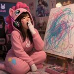 Diva from Overwatch in a Pinkie Pie costume yawns, the aqua paints drawing looks like it was done by a 5-year-old child, and it's all just scribbles