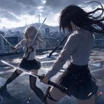 an image in the exact technique (art direction) of an illustration from a light novel (ranobe) or a cover of a light novel, or a fullscreen 2DCG from a VN (visual novel) eroge game. two women is collared shirts and skirts are fighting each other at a rooftop in Seoul, one is wielding a katana and other is wielding twin longswords