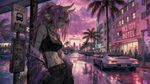 Artstyle: watercolor with thin brushstrokes, artstyle similar to 'Gachiakuta' colored manga panel, full-image wallpaper
Character: monster girl waiting on a sidewalk, Vice City vibes