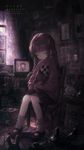 a vibrant lively artwork in style of Cytus by Rayark. it features Madotsuki from "Yume Nikki", with her eyes closed, with a sleepy and serene look, sitting in a dusty dim-lit room, holding a plush cat
