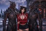 Rin Tohsaka (Fate Stay/Night) but she is an NPC/follower with her distinctive items set equipped, a mod by a Chinese modmaker, added in a heavily modded Skyrim, with a custom elf-like race in style of "Tera Online" made by Korean modding community. The body is CBBE, with slender/curvy form and "feminine lady body" version, H-cup, skin pores visible, skin overhaul+extra mascara mod by a Korean modmaker, eyes overhaul by a Chinese modmaker. The location is planes of Oblivion with distant daedric tower, in front of a custom player's home placed here (a mystic grand wizard's tower entrance); at sides by her two daedric monsters standing with their hands placed on her shoulders (a subtle hint of Loverslab mods). iCEnhancer and ENB preset (Cinematic+Natural), on ultra settings, and ultraHD/8K textures overhaul (no Depth of Field; DoF turned off currently)