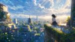 A girl sits on the roof of a skyscraper, solarpunk, Kyoto Animation fluid style, cinematic wide shot, volumetric god rays through clouds, cozy warm slice-of-life feeling, chromatic aberration subtle, glowing particles sparkles, highly detailed masterpiece, best quality, masterpiece, absurdres