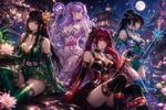 Make a high-quality professionally-made anime-style artwork (as in posts at Pixiv and Danbooru), with four female characters posing together, wearing the exact attires from the provided references in [Image 1], [Image 2], [Image 3], and [Image 4]. Implement dynamical poses, storytelling and panoramic anime-style background.

The artstyle:

<core>
- Smooth, calculated gradient transitions from highlights to shadows
- **For background only:** Hyper-detailed rendering with photorealistic anime aesthetics
- Material Science Application: The way light interacts with the glossy parts, demonstrates understanding of Fresnel reflections, specular intensity maps, and surface roughness—rarely seen in typical anime art
- Colors are high-saturated and "idealized" rather than naturalistic
- Apply subtle color noise and organic variation of it
- The highlight placement is deliberate to emphasize the form (shape) and for sharp crisp edges between surfaces; Specular highlights that follow curved surface topology
- Consistent specular highlights for better readability of the form
- Complex subsurface scattering visible as inner glow
- Glassy reflective surfaces where applicable
- The objects aren't isolated on empty background, but are a part of larger composition with multiple focal points
- Non-centered, asymmetrical, dynamical presentation
- Environmental interaction, context, storytelling
- Each object and each details functions both as: 1) an icon/symbol; 2) a physical object
- Keep graphic design sensibility within artistic framework/workflow
- Implement seamlessly a 2000s videogame asset/UI icon aesthetic to each object and each inner/nested detail
- Organic form with subtle irregularities and organic flow (where applicable)
- Depth and dimensionality are crucial
- Visible internal characteristics (inclusions, color zoning) and undertones
- Warm reflections affecting perceived color
- Multiple light sources creating complex highlight patterns
- For some parts of the composition, it's soft, diffused lighting with gentle falloff; for other parts, it's harsh lighting
- Natural refractive properties bending light realistically
- Depth created by actual optical density
- Color temperature reflecting ambient lighting conditions
- Unposed, candid aesthetic
- Emotional connection through human context; Authenticity, materiality, and human experience
- Adjacent "beads or elements", with overlaps when applicable
- Immediate readability at small scale (when it's thumbnail)
- Natural perspective distortion (not orthographic)
- Dramatic Illumination with high-contrast chiaroscuro effects; Ambient illumination reflecting off surfaces
- Volumetric Light Rays with beams adding three-dimensional depth, and cinematic anamorphic lens artifacts (horizontal streaks) as in professional camera optics
- Rich, vibrant colors with enhanced contrast for one part of composition, and cinematic greyscale for other part (dichotomy "Saturated vs Monochrome")
- Complementary Color Theory imlemented widely
- Extreme further attention to surface properties by showing accurate specular highlights and reflections
- Intimate, accessible presentation (not distant/iconic)
- **Graphic impact** (visual punch)
- **Documentary value** (this specific object, this specific moment)
</core>


