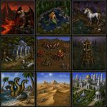 Make a grid of 3x3 (9 in total) images, all made in the exact technique of "Warcraft II: Tides of Darkness" (1995) in-game graphics (sprites, icons, other assets) replicated very precisely (the disntictive style of Warcraft II as opposite to the generic pixel art! exaggerate the art direction and avoid anything default/generic-looking), so it looks like literally something from the game screenshots or from an icon from in-game UI. The images are featuring: a demonic griffin in volcanic landscape, a mermaid in a pond at a pine forest, an unicorn at a cursed pond, ruins of a temple in oak grove, an orkish camp in vasteland, a goblin tower in the middle of a swamp, a hydra at a sand coast with palm trees, a desert with dunes and distant pyramids, a marble palace surrounded by gardens with a gazebo and fountains.