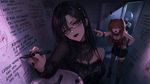 a vibrant lively artwork in style of Cytus by Rayark. close-up view, dutch angle, perspective foreshortening, it features Makinami Mari Illustrous who is a goth with black hair and black lipstick, she has amused look, standing in an empty bathroom, and writing a lot of lyrics from rap songs in Russian language on the walls around, while Asuka Langley Souryuu is yelling at her with outrage, and Rei Ayanami is peeking from the doorway and looking at them both from distance with indifference