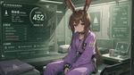 Amiya Arknights in a pastel purple prisoner's uniform, sci-fi, interior is in soft green tones, modern HUD interface in the style of the сhinese social credit