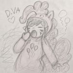 Diva from Overwatch in a Pinkie Pie costume yawns, the pencil drawing looks like it was done by a 5-year-old child, and it's all just scribbles