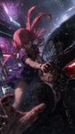 a vibrant lively artwork in style of Cytus by Rayark. close-up view, dutch angle, perspective foreshortening, it features Gasai Yuno (from "Mirai Nikki") at downtown, fighting and putting down a man in a bespoke dark suit, defeating him brutally and smashing into the black sleek sedan next to him