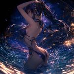 <booru>
<MAIN>
# TASK: an artwork from danbooru, with the booru tags:
<booru>1girl, solo, from side, twisted torso, looking away, arms up, swimsuit, outdoors</booru>
<style>
Media: The exaggerated artistic technique that is typical for posts at Danbooru and Sankakucomplex (in artistic technique and art direction of a visual novel/VN event fullscreen 2DCG), virtual youtuber/gacha game character, album cover, or graphics in H-Games (NOT west-made); 4K ultraHD high-res published at Naver, Weibo and Pixiv by a professional Taiwanese anime artist (by Mina Lieqi, 2023), included in portfolio and artbook. Ultra-fine and soulful technique.
Face stylization: 2D manga-like (no 3D features), eyes with intricate specular highlights over irises; dot nose, WITHOUT lips, WITHOUT nostrils.
Anatomy stylization: ultra-exaggerated and artistically-distorted with impossibly lithe body shape; very emphasized body frame, sharp edges emphasized with reflected highlights and gloss at edges, shading for shapes like in Hearthstone's artworks.
Linework: NONE (painterly work without visible outlines; only well-defined shading for well-readable shapes).
Colors: naturally vibrant and lively, ultra-varied colors, with contrasts like "highly-saturated VS desaturated", "light VS dark", "warm VS cold"; filter applied, LUT and HDR applied.
Lighting: very dark and dim with deep darkness, chiaroscuro-like, nuanced multicolored lighting, with subtly varied colors of lighting sources and shadows, and reflected lighting.
Perspective type: foreshortening, "fisheye" lens distortion, with sense of motion.
Software: PaintTool SAI, ClipStudio Paint, Photoshop (for brushwork with Wacom tablet), PSD format.
</style>
<negative>**AVOID:** visible lips, nostrils, big nose, generic with no distinctive style, western cartoon, unfinished, low resolution, low-rated, censored, SFW, thick outline, unfinished</negative>
</MAIN>
</booru>