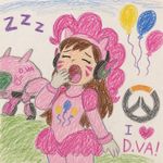 The Overwatch diva in a Pinky Pie costume is yawning, and the painting looks like it was drawn by a 5-year-old child.