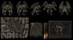 an artwork in technique of in-game graphics assets (sprites, textures) from the 1994 game "Heretic: Shadow of the Serpent Riders" (MS-DOS) by Ravern Software. a gargoyle