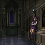 an image in the exact technique and art direction (non-pixelated, high-definition smoothly-done pixelwork with a perfect smooth upscaler applied, NOT pixelized) of in-game graphics assets (like in its sprites and textures) from the 1997 game "Castlevania: Symphony of the Night" (PS1) by Konami. a succubus schoolgirl in empty hall, leaning to a wall with a bored look