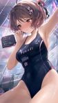a vibrant lively artwork in style of Cytus by Rayark. close-up view, dutch angle, perspective foreshortening, it features Yukari Yuzuki wearing one-piece swimsuit, she is confused, embarrased, pouting, looking away, blushing, but also posing for the viewer at the same time