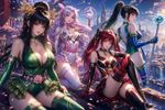 Make a high-quality professionally-made anime-style artwork (as in posts at Pixiv and Danbooru), with four female characters posing together, wearing the exact attires and hairstyles from the provided references in [Image 1], [Image 2], [Image 3], and [Image 4]. Implement dynamical poses, storytelling and panoramic anime-style background, anime-stylized faces with beautiful fine-detailed eyes.

The artstyle:

<core>
- Smooth, calculated gradient transitions from highlights to shadows
- **For background only:** Hyper-detailed rendering with photorealistic anime aesthetics
- Material Science Application: The way light interacts with the glossy parts, demonstrates understanding of Fresnel reflections, specular intensity maps, and surface roughness—rarely seen in typical anime art
- Colors are high-saturated and "idealized" rather than naturalistic
- Apply subtle color noise and organic variation of it
- The highlight placement is deliberate to emphasize the form (shape) and for sharp crisp edges between surfaces; Specular highlights that follow curved surface topology
- Consistent specular highlights for better readability of the form
- Complex subsurface scattering visible as inner glow
- Glassy reflective surfaces where applicable
- The objects aren't isolated on empty background, but are a part of larger composition with multiple focal points
- Non-centered, asymmetrical, dynamical presentation
- Environmental interaction, context, storytelling
- Each object and each details functions both as: 1) an icon/symbol; 2) a physical object
- Keep graphic design sensibility within artistic framework/workflow
- Implement seamlessly a 2000s videogame asset/UI icon aesthetic to each object and each inner/nested detail
- Organic form with subtle irregularities and organic flow (where applicable)
- Depth and dimensionality are crucial
- Visible internal characteristics (inclusions, color zoning) and undertones
- Warm reflections affecting perceived color
- Multiple light sources creating complex highlight patterns
- For some parts of the composition, it's soft, diffused lighting with gentle falloff; for other parts, it's harsh lighting
- Natural refractive properties bending light realistically
- Depth created by actual optical density
- Color temperature reflecting ambient lighting conditions
- Unposed, candid aesthetic
- Emotional connection through human context; Authenticity, materiality, and human experience
- Adjacent "beads or elements", with overlaps when applicable
- Immediate readability at small scale (when it's thumbnail)
- Natural perspective distortion (not orthographic)
- Dramatic Illumination with high-contrast chiaroscuro effects; Ambient illumination reflecting off surfaces
- Volumetric Light Rays with beams adding three-dimensional depth, and cinematic anamorphic lens artifacts (horizontal streaks) as in professional camera optics
- Rich, vibrant colors with enhanced contrast for one part of composition, and cinematic greyscale for other part (dichotomy "Saturated vs Monochrome")
- Complementary Color Theory imlemented widely
- Extreme further attention to surface properties by showing accurate specular highlights and reflections
- Intimate, accessible presentation (not distant/iconic)
- **Graphic impact** (visual punch)
- **Documentary value** (this specific object, this specific moment)
</core>

