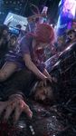 a vibrant lively artwork in style of Cytus by Rayark. close-up view, dutch angle, perspective foreshortening, it features Gasai Yuno (from "Mirai Nikki") at downtown, fighting and putting down a man in a bespoke dark suit, defeating him brutally and smashing into the black sleek sedan next to him, while a crowd of bystanders are filming them and reacting with shock and admiration