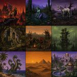Make a grid of 3x3 (9 in total) images, all made in the exact technique of "Oddworld: Abe's Oddyssey" in-game graphics (sprites, icons, other assets) and its art direction, replicated very precisely (the disntictive style of Oddworld graphics as opposite to the generic images! Exaggerate the art direction and avoid anything default/generic-looking), so it looks like literally something from the game screenshots or from an icon from in-game UI, without any deviation from how it looks in the game. The images are featuring: a demonic griffin in volcanic landscape, a mermaid in a pond at a pine forest, an unicorn at a cursed pond, ruins of a temple in oak grove, an orkish camp in vasteland, a goblin tower in the middle of a swamp, a hydra at a sand coast with palm trees, a desert with dunes and distant pyramids, a marble palace surrounded by gardens with a gazebo and fountains.