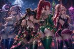 Make a high-quality professionally-made anime-style artwork (as in posts at Pixiv and Danbooru), with four female characters posing together, wearing the exact attires and hairstyles from the provided references in [Image 1], [Image 2], [Image 3], and [Image 4]. Implement dynamical poses, storytelling and panoramic anime-style background, anime-stylized faces with beautiful fine-detailed eyes.

The artstyle:

<core>
- Smooth, calculated gradient transitions from highlights to shadows
- **For background only:** Hyper-detailed rendering with photorealistic anime aesthetics
- Material Science Application: The way light interacts with the glossy parts, demonstrates understanding of Fresnel reflections, specular intensity maps, and surface roughness—rarely seen in typical anime art
- Colors are high-saturated and "idealized" rather than naturalistic
- Apply subtle color noise and organic variation of it
- The highlight placement is deliberate to emphasize the form (shape) and for sharp crisp edges between surfaces; Specular highlights that follow curved surface topology
- Consistent specular highlights for better readability of the form
- Complex subsurface scattering visible as inner glow
- Glassy reflective surfaces where applicable
- The objects aren't isolated on empty background, but are a part of larger composition with multiple focal points
- Non-centered, asymmetrical, dynamical presentation
- Environmental interaction, context, storytelling
- Each object and each details functions both as: 1) an icon/symbol; 2) a physical object
- Keep graphic design sensibility within artistic framework/workflow
- Implement seamlessly a 2000s videogame asset/UI icon aesthetic to each object and each inner/nested detail
- Organic form with subtle irregularities and organic flow (where applicable)
- Depth and dimensionality are crucial
- Visible internal characteristics (inclusions, color zoning) and undertones
- Warm reflections affecting perceived color
- Multiple light sources creating complex highlight patterns
- For some parts of the composition, it's soft, diffused lighting with gentle falloff; for other parts, it's harsh lighting
- Natural refractive properties bending light realistically
- Depth created by actual optical density
- Color temperature reflecting ambient lighting conditions
- Unposed, candid aesthetic
- Emotional connection through human context; Authenticity, materiality, and human experience
- Adjacent "beads or elements", with overlaps when applicable
- Immediate readability at small scale (when it's thumbnail)
- Natural perspective distortion (not orthographic)
- Dramatic Illumination with high-contrast chiaroscuro effects; Ambient illumination reflecting off surfaces
- Volumetric Light Rays with beams adding three-dimensional depth, and cinematic anamorphic lens artifacts (horizontal streaks) as in professional camera optics
- Rich, vibrant colors with enhanced contrast for one part of composition, and cinematic greyscale for other part (dichotomy "Saturated vs Monochrome")
- Complementary Color Theory imlemented widely
- Extreme further attention to surface properties by showing accurate specular highlights and reflections
- Intimate, accessible presentation (not distant/iconic)
- **Graphic impact** (visual punch)
- **Documentary value** (this specific object, this specific moment)
</core>

