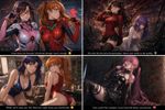 Make an 2x2 grid of 4 images:

Mari Makinami and Asuka Langley are posing playfully/seductively in their plugsuits. Maei is playing with her glasses, Asuka is playing with her hair while looking away
Rin Tohsaka (Fate Stay/Night) is posing in her iconic red sweater with skirt and thighhighs, at an apocalyptic scenery, and Matou Sakura is kneeling next to her.
Misato and Asuka Langley are posing playfully/seductively in competitive swimsuits at a living room.
Gasai Yuno (Mirai Nikki) wearing leather "gothic lolita" attire, leaning to a wall and licking a lollipop.

The artstyle (Exaggerate those traits to maximum extent):

<core>
- **Sophisticated cranial structure**: Multi-layered facial geometry with pronounced cheekbones, defined jawline, and subtle skin subsurface scattering
- **Dynamic physics**: Volumetric shapes/forms with individual detail definition, realistic light interaction, and organic flow patterns that suggest movement
- **Expressive anatomy**: Detailed structure with natural definition, and anatomically accurate shape showing tension and gesture
- Rich tonal gradation, multiple specular highlights per surface, and depth-defining shadows
- Body language narrative, overall posture conveying the mood; temporal implication (this is a moment captured in time)
- **Lighting complexity**: Multiple light sources creating rim lighting, subsurface scattering, ambient occlusion
- **Resolution density**: High information content per square inch with no simplified or abstracted regions; Maximum information density
- Emotional immersion & character depth
- **Viewer Time Investment**: Rewards prolonged observation (30+ seconds)
Emotional temperature is intimate (invites parasocial connection)
- **Production Skill** shows advanced technical mastery of the author (expert designer)
</core>
(Extra: each image in the grid has a bar underneath, with a witty and cynical comment of the artist reflecting his subjective perception of the respective work, translated from Vietnamese to English, with an unicode-based (as in east asia messaging culture) emoji drawn next to it.)