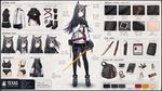 Texas (Cellinia Texas) Arknights. Generate a Full Character Concept Sheet based on the image. The final artwork should include: A full-body illustration of the character in the center. Surrounding breakdowns of: outfit layers, facial expressions, undergarments, material/texture close-ups, core props, lifestyle items and accessories. Layout: Center: main full-body character. Around the character: neatly arranged breakdown elements. Use hand-drawn arrows or lines to connect items to relevant parts. Breakdown Components: Clothing Layers: show garments as separate pieces; include inner layers. Expression Sheet: 3-4 headshots showing different emotions. Material Zoom: close-ups of fabric, leather, skin, or accessories. Personal Items: bag + contents, makeup items, daily-use objects that reflect lifestyle.