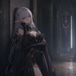an artwork with technique of artstation-like digital concept art painting, but 2D anime-like (manga-like) anatomy and faces stylization. a female dark elf sorcerer in empty hall, leaning to a wall with a bored look