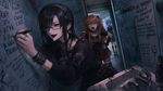a vibrant lively artwork in style of Cytus by Rayark. close-up view, dutch angle, perspective foreshortening, it features Makinami Mari Illustrous who is a goth with black hair and black lipstick, she has amused look, standing in an empty bathroom, and writing a lot of lyrics from rap songs in Russian language on the walls around, while Asuka Langley Souryuu is yelling at her with outrage, and Rei Ayanami is peeking from the doorway and looking at them both from distance with indifference