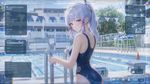 kamisato ayaka, one-piece_swimsuit, high school swimming pool, chromatic aberration subtle, modern HUD interface