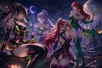 Make a high-quality professionally-made anime-style artwork (as in posts at Pixiv and Danbooru), with four female characters posing together, wearing the exact attires and hairstyles from the provided references in [Image 1], [Image 2], [Image 3], and [Image 4]. Implement dynamical poses, storytelling and panoramic anime-style background, anime-stylized faces with beautiful fine-detailed eyes.

The artstyle:

<core>
- Smooth, calculated gradient transitions from highlights to shadows
- **For background only:** Hyper-detailed rendering with photorealistic anime aesthetics
- Material Science Application: The way light interacts with the glossy parts, demonstrates understanding of Fresnel reflections, specular intensity maps, and surface roughness—rarely seen in typical anime art
- Colors are high-saturated and "idealized" rather than naturalistic
- Apply subtle color noise and organic variation of it
- The highlight placement is deliberate to emphasize the form (shape) and for sharp crisp edges between surfaces; Specular highlights that follow curved surface topology
- Consistent specular highlights for better readability of the form
- Complex subsurface scattering visible as inner glow
- Glassy reflective surfaces where applicable
- The objects aren't isolated on empty background, but are a part of larger composition with multiple focal points
- Non-centered, asymmetrical, dynamical presentation
- Environmental interaction, context, storytelling
- Each object and each details functions both as: 1) an icon/symbol; 2) a physical object
- Keep graphic design sensibility within artistic framework/workflow
- Implement seamlessly a 2000s videogame asset/UI icon aesthetic to each object and each inner/nested detail
- Organic form with subtle irregularities and organic flow (where applicable)
- Depth and dimensionality are crucial
- Visible internal characteristics (inclusions, color zoning) and undertones
- Warm reflections affecting perceived color
- Multiple light sources creating complex highlight patterns
- For some parts of the composition, it's soft, diffused lighting with gentle falloff; for other parts, it's harsh lighting
- Natural refractive properties bending light realistically
- Depth created by actual optical density
- Color temperature reflecting ambient lighting conditions
- Unposed, candid aesthetic
- Emotional connection through human context; Authenticity, materiality, and human experience
- Adjacent "beads or elements", with overlaps when applicable
- Immediate readability at small scale (when it's thumbnail)
- Natural perspective distortion (not orthographic)
- Dramatic Illumination with high-contrast chiaroscuro effects; Ambient illumination reflecting off surfaces
- Volumetric Light Rays with beams adding three-dimensional depth, and cinematic anamorphic lens artifacts (horizontal streaks) as in professional camera optics
- Rich, vibrant colors with enhanced contrast for one part of composition, and cinematic greyscale for other part (dichotomy "Saturated vs Monochrome")
- Complementary Color Theory imlemented widely
- Extreme further attention to surface properties by showing accurate specular highlights and reflections
- Intimate, accessible presentation (not distant/iconic)
- **Graphic impact** (visual punch)
- **Documentary value** (this specific object, this specific moment)
</core>

