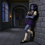 an image in the exact technique and art direction (non-pixelated, high-definition smoothly-done pixelwork with a perfect smooth upscaler applied, NOT pixelized) of in-game graphics assets (like in its sprites and textures) from the 1994 game "Warcraft II: Tides of Darkness" (MS-DOS) by Blizzard, with vibrant SVGA (NOT 16-bit) colors. a dark elf schoolgirl in empty hall, leaning to a wall with a bored look