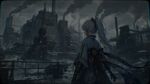 Anime concept art, Kamisato Ayaka standing in front of brutalist factories with smoking chimneys, dark dystopian industrial scene, thick smog, heavy snowfall. Rough digital painting, grimdark aesthetic, desaturated muddy colors, oppressive atmosphere. Retro CRT monitor effect, scanlines, chromatic aberration