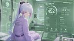 Kamisato Ayaka in a pastel purple prisoner's uniform, sci-fi, interior is in soft green tones, modern HUD interface in the style of the сhinese social credit