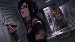 a vibrant lively artwork in style of Cytus by Rayark. close-up view, dutch angle, perspective foreshortening, it features Makinami Mari Illustrous who is a goth with black hair and black lipstick, she has amused look, standing in an empty bathroom, and writing a lot of lyrics from 'Black Metal' and 'Death Metal' genre songs in Russian language on the walls around, while Asuka Langley Souryuu (who isn't a goth) is yelling at her with outrage, and Rei Ayanami (who isn't goth either) is peeking from the doorway and looking at them both from distance with indifference
