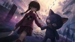 a vibrant lively artwork in style of Cytus by Rayark. close-up view, dutch angle, perspective foreshortening, it features Madotsuki from "Yume Nikki", with her eyes closed, with a sleepy and serene look, walking through realm of a dream with distant pines and clouds, together iwth a large plush cat, holding him by paw an talking to him, while holding a knife in her other hand lowered