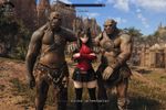 Rin Tohsaka (Fate Stay/Night) but she is an NPC/follower with her distinctive items set equipped, a mod by a Korean modmaker, added in a heavily modded Skyrim, with a custom race made by Korean modding community. The location is Elsweyr (added with a mod), at sides by her two ogres standing with their hands placed on her shoulders (a subtle hint of Loverslab mods). iCEnhancer and ENB (Cinematic+Natural), on ultra settings, and ultraHD/8K textures overhaul (no Depth of Field; DoF turned off currently)