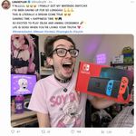 a soyboy is excited very much, he is a soy beta who shows off his new "Nintendo Switch" proudly for the social media post