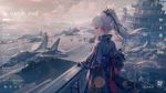Kamisato Ayaka from Genshin Impact, located on an aircraft carrier, in the background MiG-29 Fulcrum, weather: haze, modern HUD interface (in the Genshin Impact setting): date, time, weather conditions, location: territorial waters of Inazuma, muted pastel watercolor anime, cinematic wide shot, dramatic chiaroscuro lighting, lens flare bokeh depth of field, chromatic aberration subtle, film grain subtle texture, highly detailed masterpiece, best quality, masterpiece, absurdres