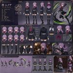Create a professional (Pixiv/Behance/Naver) character sheet based on the character of this image (keep it very accurate and authentical, without altering anything in the initial design!). Include front, side, and back full-body views, plus a 3/4 view. Add a facial close-up with a range of expressions. Show a neutral standing pose and one dynamic pose that reflects the character’s personality.
Include outfit and accessory breakdowns, optionally showing layers or variations where appropriate. Add callouts for key elements. Also provide four options of alternative/optional original and highly-distinctive designs for the stockings/thighhighs/thigh-high legwear; and two options of leotards to replace the main attire.
Include a small vignette illustrating the character in their everyday environment or routine, and an additional small scene capturing them in action. Also include a 2D sprite (in-game graphics asset, HD/*non-pixelated*) of this character from a "fighting" genre videogame where they are featured, and a render of a 3D model (low-poly, from a mobile game, but accurate) reproducing the same design accurately in 3D graphics. Also include a photography of a PVC figure (official merch) of this character.
Use a background that subtly reflects the character’s theme or environment (non-flat, non-modern but highly-sceuomorphic, 2000s-style with gel&lacquer designs, with resemblance of UIs in VN/Eroge games). Maintain consistent proportions across all views. Layout should be clean, organized, and readable, like a professional concept art sheet. Use the canvas space efficiently, with minimal gaps (to fill it to maximum extent, without wasting the space); overlaps are acceptable to save screen space. Do not allow wide gaps of empty space.
The drawing artistic technique (art direction) is matching the one in the reference provided; make it look very professionally-done, produced by a high-end senior artist of exceptional academical (fine arts) artistic skill (even if adapted to this specific stylization) with excellent and flawless portfolio-grade work.

